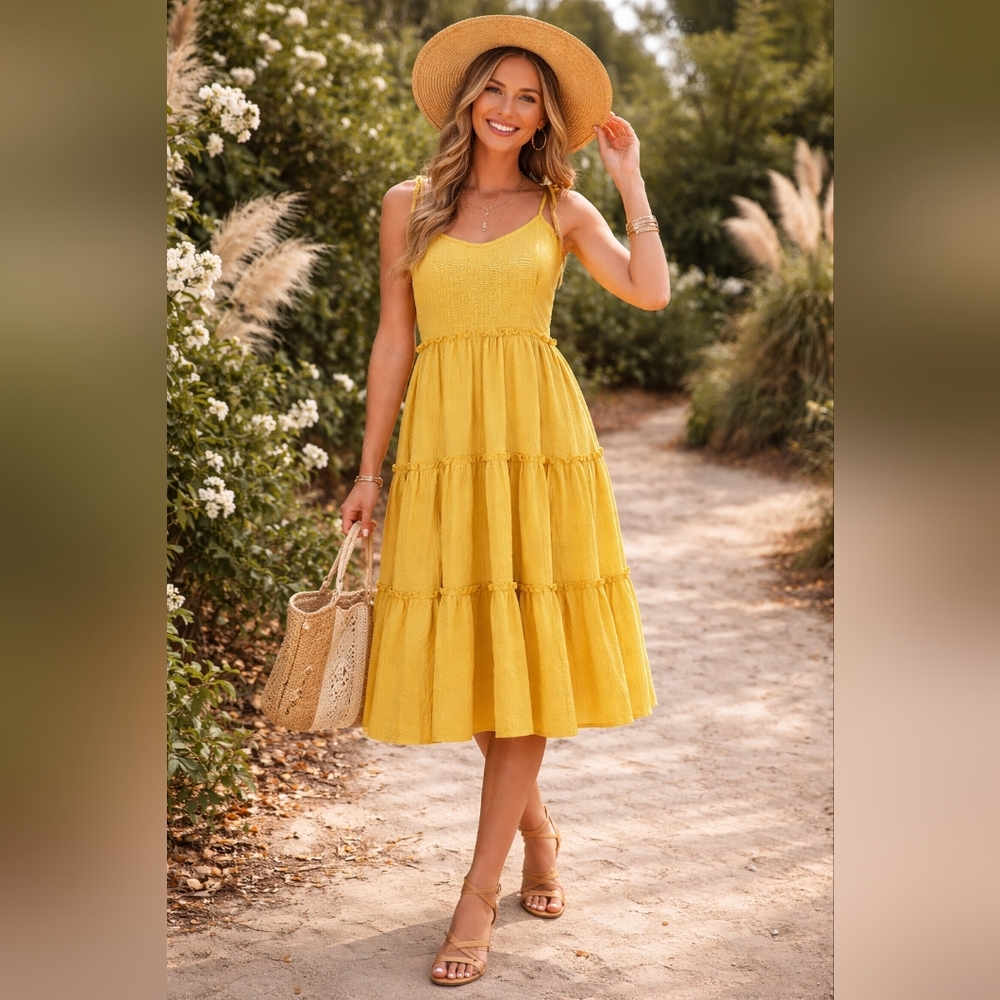 SHEIN Curve Woman Yellow Tiered Sundress XL Boho Summer Cottagecore Casual Chic